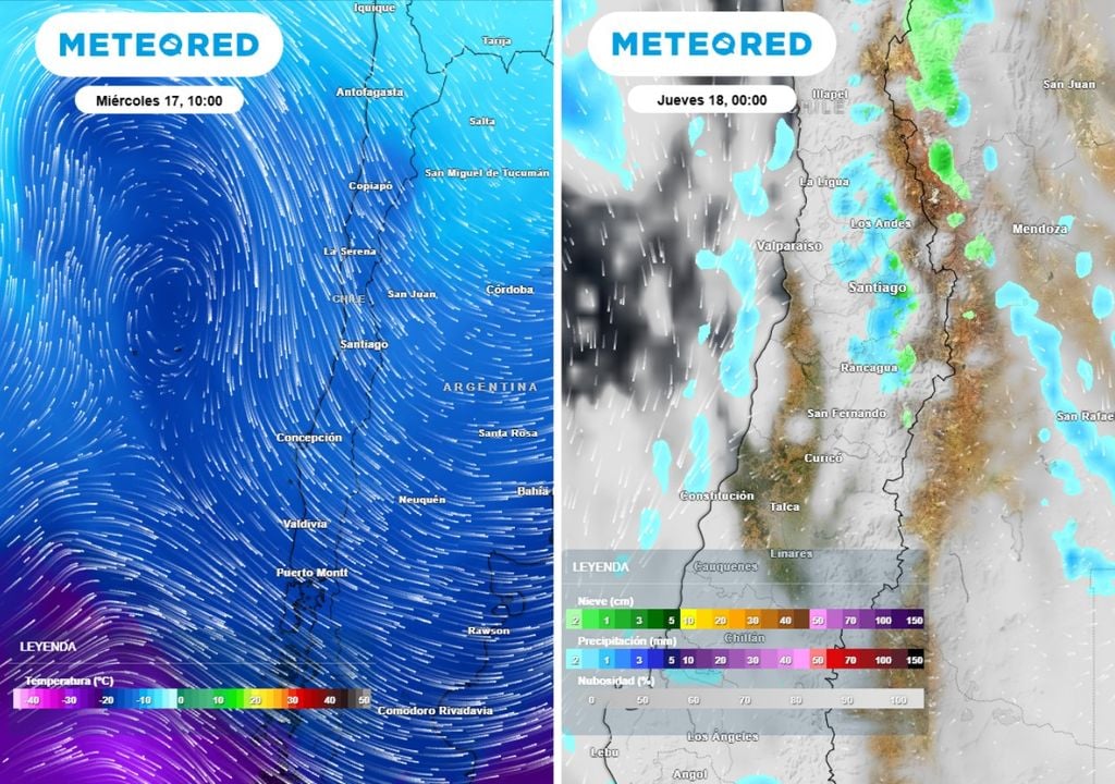 mapas de temperatura a 500 hPa / precipitaciones Una vaguada en altura inestabilizará el tiempo durante las próximas horas: podrían caer algunas gotas en el centro de Santiago también.