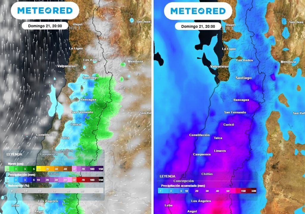 mapas de precipitaciones y de acumulación Se esperan precipitaciones para este Día del Padre, aunque serán débiles y aisladas. Es aún baja la probabilidad, aunque se acumularía más hacia precordillera.