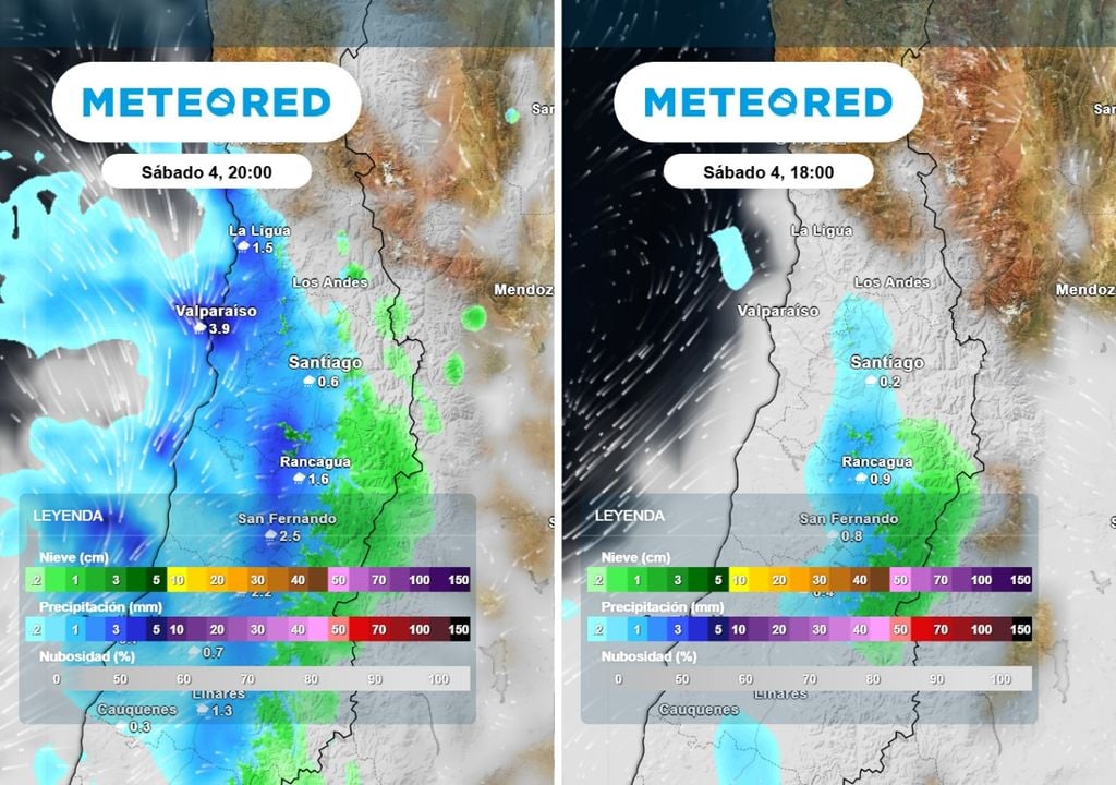 Aunque los modelos ECMWF (imagen izquierda) y GFS (imagen derecha) no coinciden en la intensidad de las lluvias, ambos resaltan el ambiente inestable en Santiago.