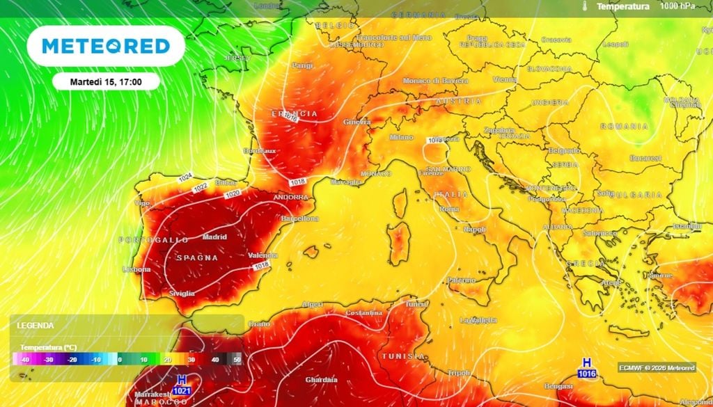 Sui settori più occidentali del Mediterraneo, la risalita di un promontorio di alta pressione subtropicale porterà di nuovo un aumento delle temperature su valori nettamente superiori alle medie del periodo, come sulla Penisola Iberica e sulla Francia occidentale. ECMWF-MeteoRed
