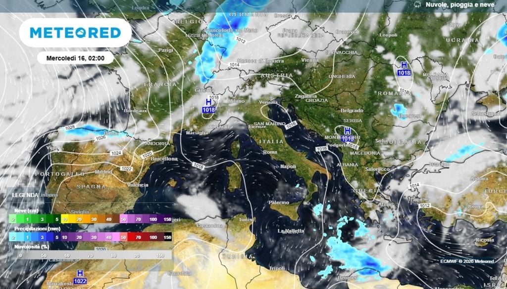 Nella mappa è possibile visualizzare l'arrivo della perturbazione atlantica, ancora oltre Alpe, che poi, nella giornata di mercoledì, potrebbe causare un peggioramento al Nord, con un aumento della nuvolosità e con l'arrivo di rovesci e temporali sparsi che, localmente, potrebbero risultare anche intensi. ECMWF-MeteoRed