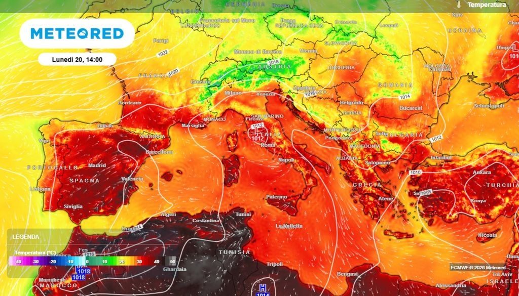 La mappa riferita alle 14:00 di lunedì fa vedere già un primo calo termico in atto sull'Europa centrale e sull'Italia settentrionale. Prodromi del calo che poi interesserà probabilmente tutta la penisola nei giorni successivi . ECMWF Meteored