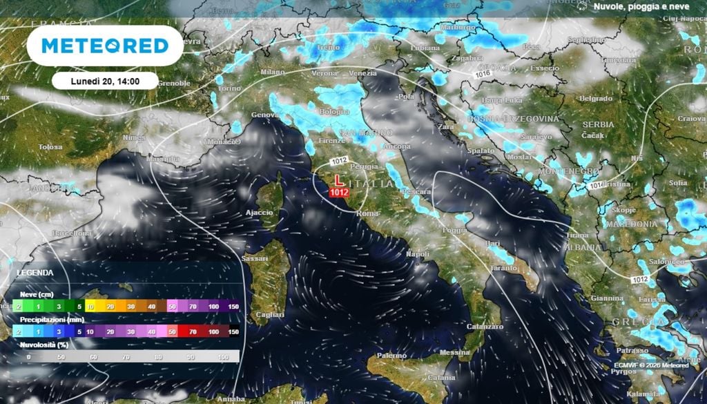 La mappa si riferisce all'istabilità in atto nel primo pomeriggio di lunedì, che coinvolgerà le aree montuose centro-settentrionali e anche tratti della pianura padana, con fenomeni localmente anche intensi o molto intensi. ECMWF MeteoRed