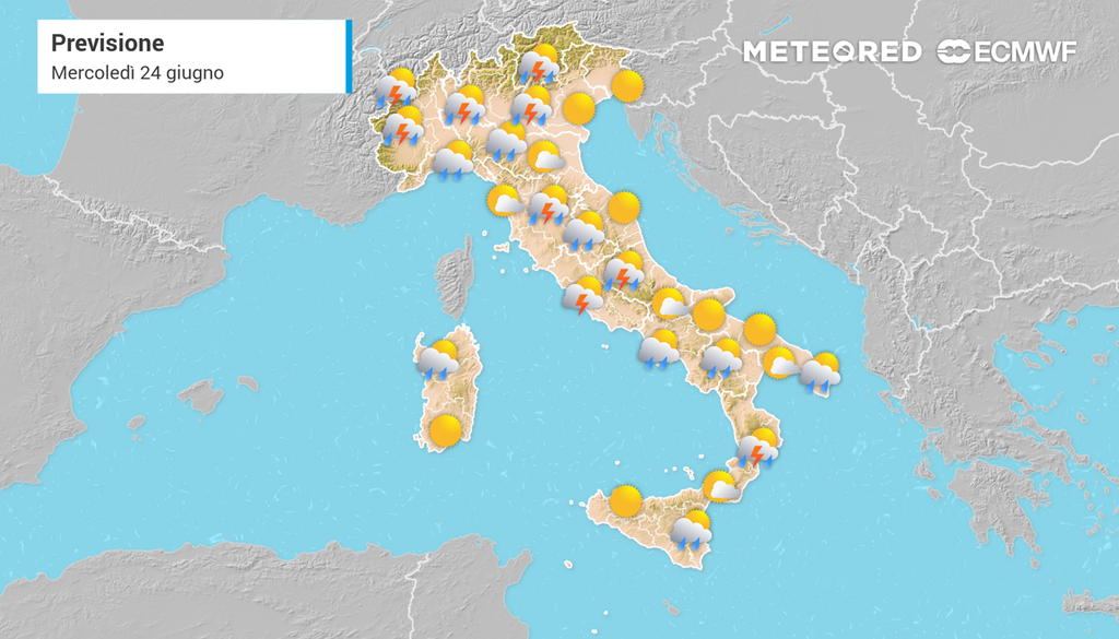 Previsioni del tempo per mercoledì 24 giugno 2026.