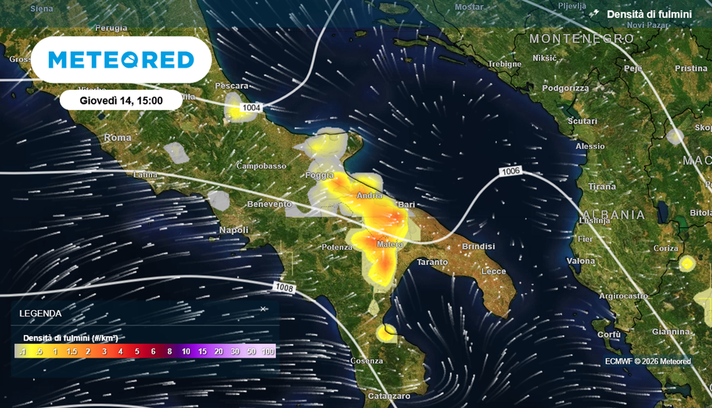 Forti temporali sono attesi anche al Sud, in particolare in Puglia.