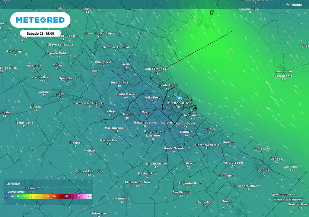 Rotación del viento al sudeste el día sábado 28