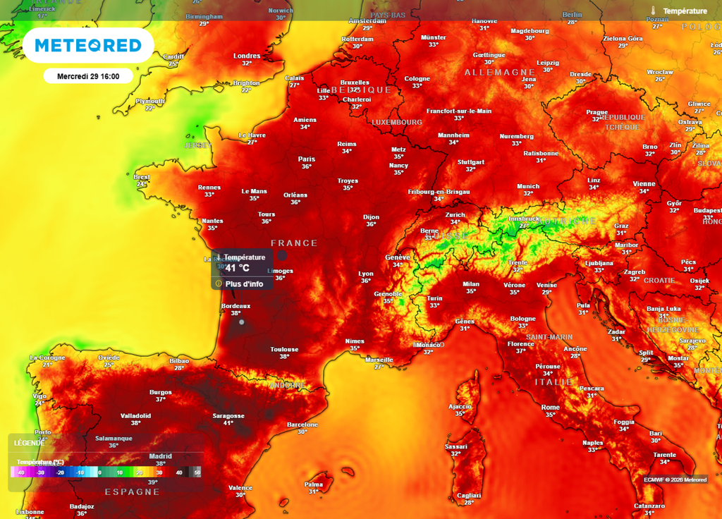 Ce mercredi après-midi, le pic de chaleur sera surtout intense dans le Sud-Ouest, malheureusement sur les zones touchées par les incendies, à savoir la Gironde et les Landes.