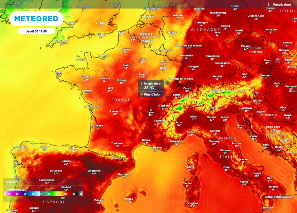 Jeudi, malgré une baisse sensible des températures par l'Ouest, la canicule va se poursuivre dans le Centre-Est, avec des pointes à 40°C en région Rhône-Alpes.