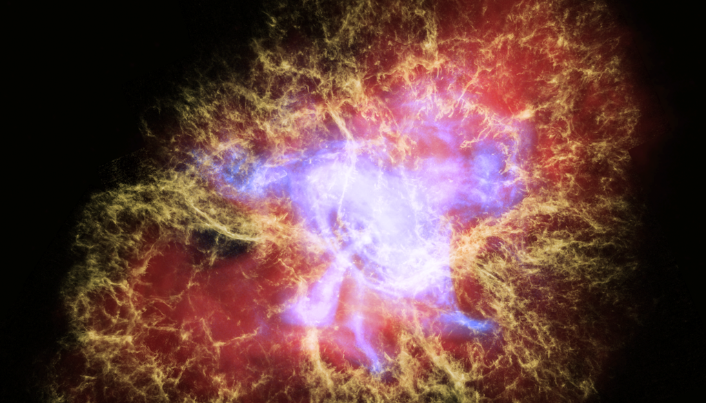 La luz visible en la Nebulosa del Cangrejo es una emisión de oxígeno que ha sido calentado por radiación sincrotrón de alta energía (ultravioleta y rayos X). Crédito: NASA.