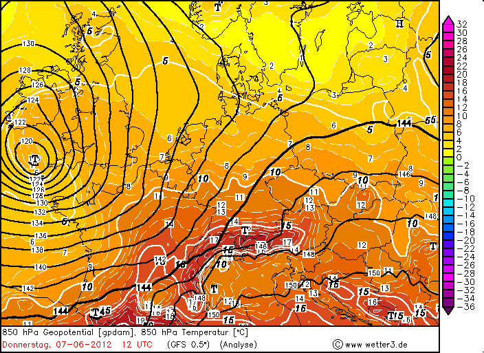 Segunda ayuda gráfica: dedo cálido en 850 hPa en el seno de la baja recurvándose hacia la parte más occidental de las bajas presiones.