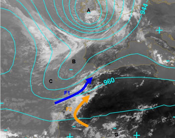 La Ram Te Pone A Prueba: Un "actor" Poco Frecuente Imagen IR del Meteosat-10 a las 12 UTC del 6 de septiembre de 2013 junto con los elementos más significativos. Fuente: EUMETRAIN.RAM