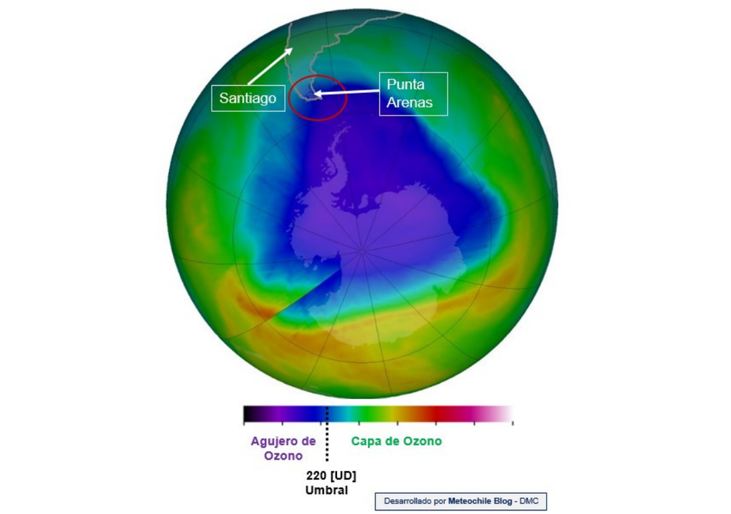 Columna total de ozono registrada el 14 de octubre de 2016, según mediciones satelitales del instrumento GOME-2. Fuente: Tropospheric Emission Monitoring Internet Service (TEMIS). Columna total de ozono registrada el 14 de octubre de 2016, según mediciones satelitales del instrumento GOME-2. Fuente: Tropospheric Emission Monitoring Internet Service (TEMIS).