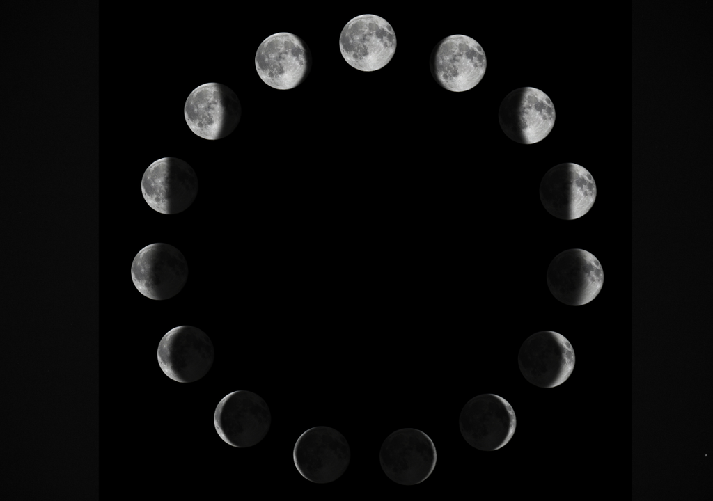 Secuencia completa de fases lunares: así cambia la iluminación de la Luna a lo largo de su ciclo de 29,5 días.