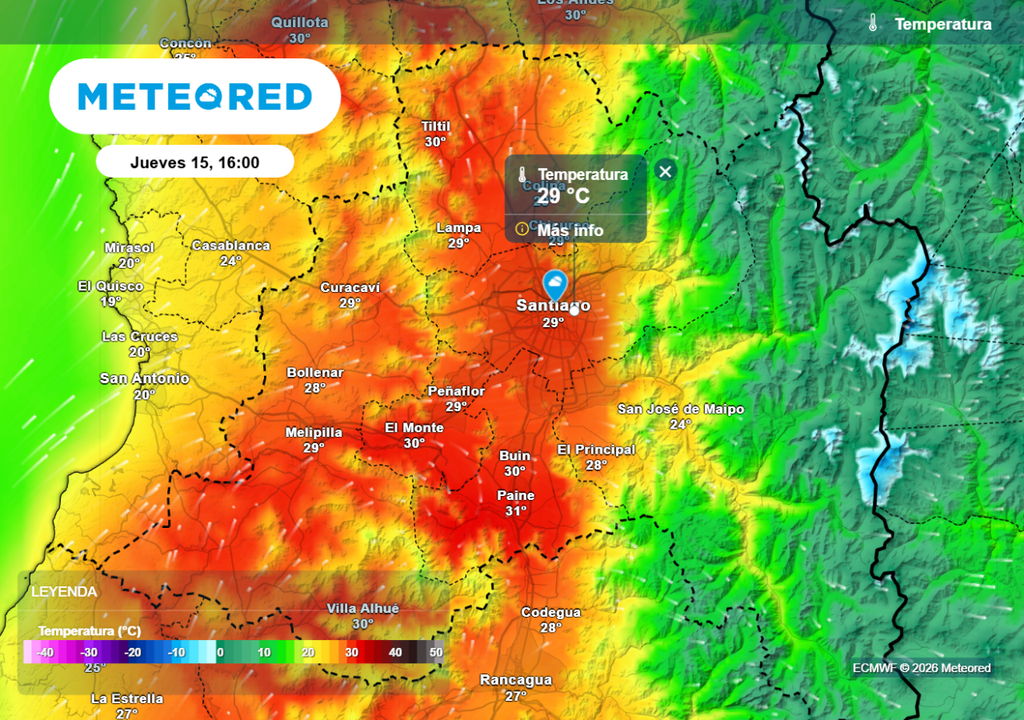 Modelo europeo prevé temperaturas moderadas este jueves en Santiago: cercanas a los 29 y 30 °C.
