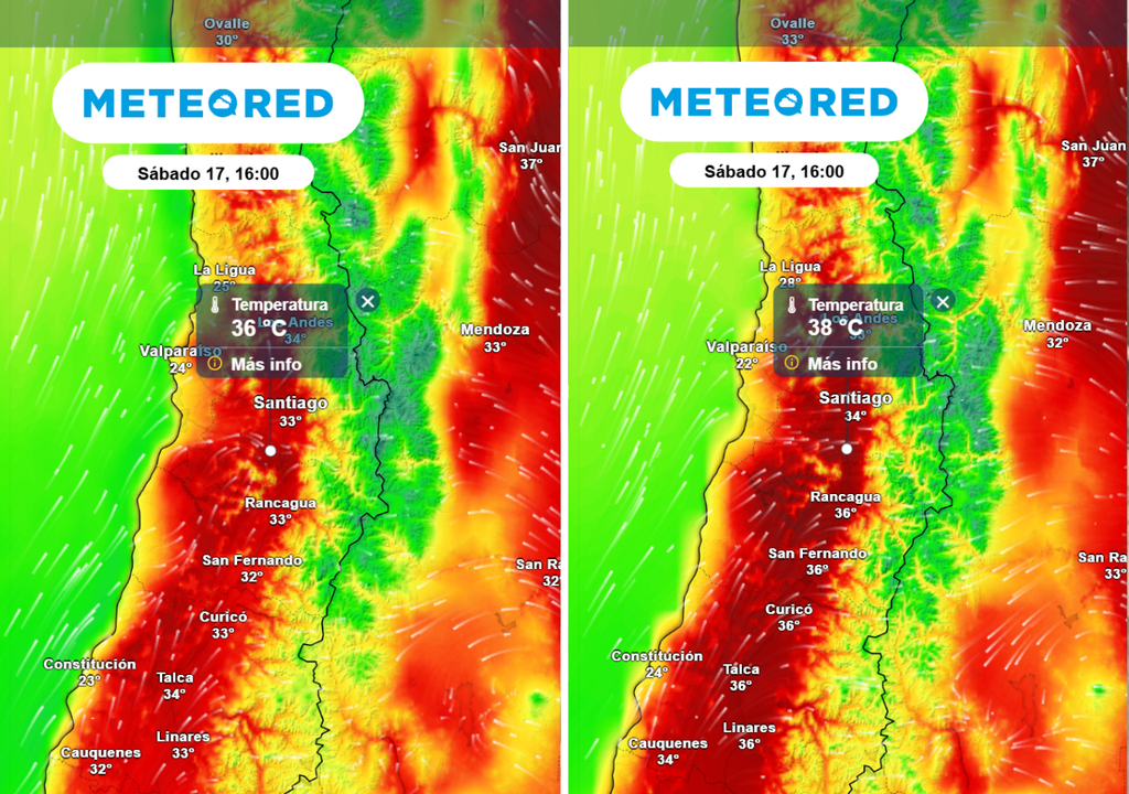 Aunque ambos modelos reflejan el alza térmica el GFS prevé los valores más elevados: hasta 38 °C en la RM.
