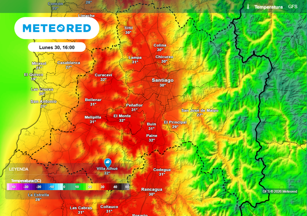 Temperaturas GFS El GFS muestra los valores más elevados para el valle metropolitano: hasta 32 °C en algunas zonas.