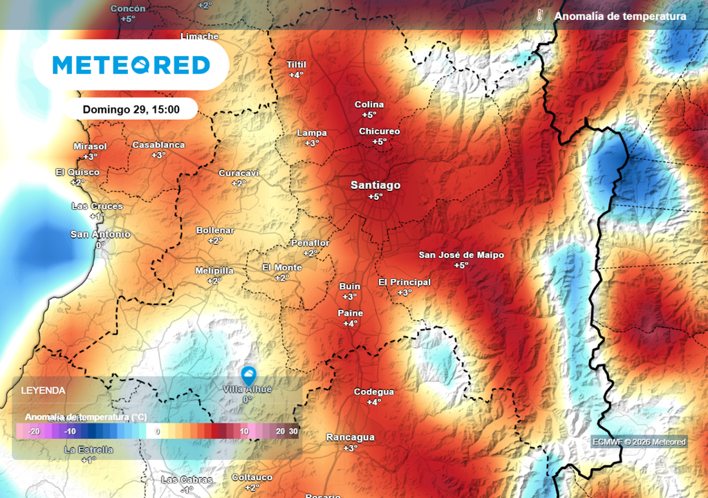 Anomalías Modelo ECMWF indica valores sobre lo normal este domingo en el valle central y la precordillera.