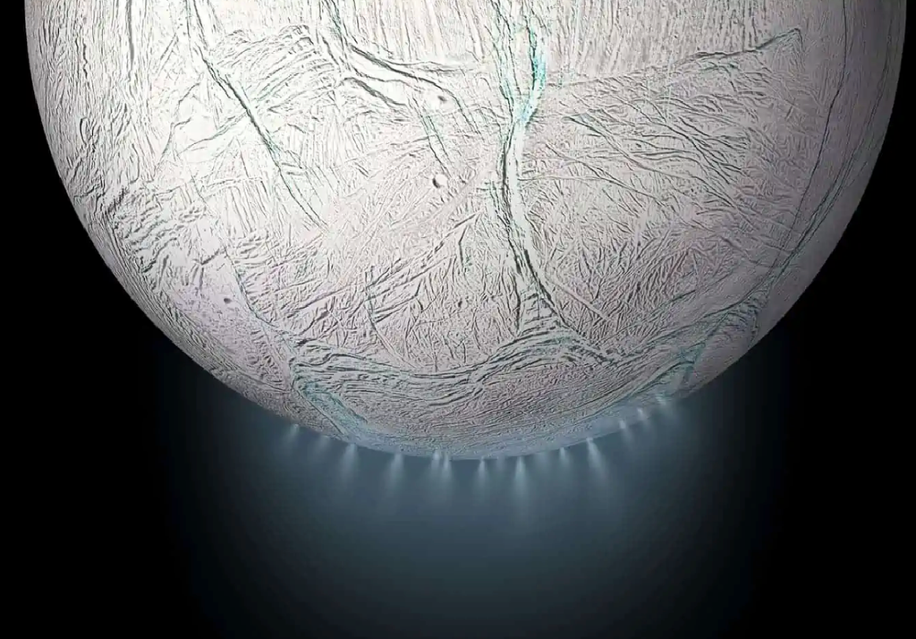 Encelado Rappresentazione artistica dei pennacchi di gas che fuoriescono dal polo sud di Encelado. Credit: NASA.