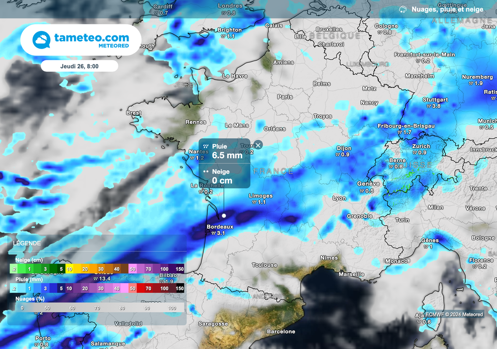 De fortes pluies attendues jeudi matin en Nouvelle-Aquitaine.