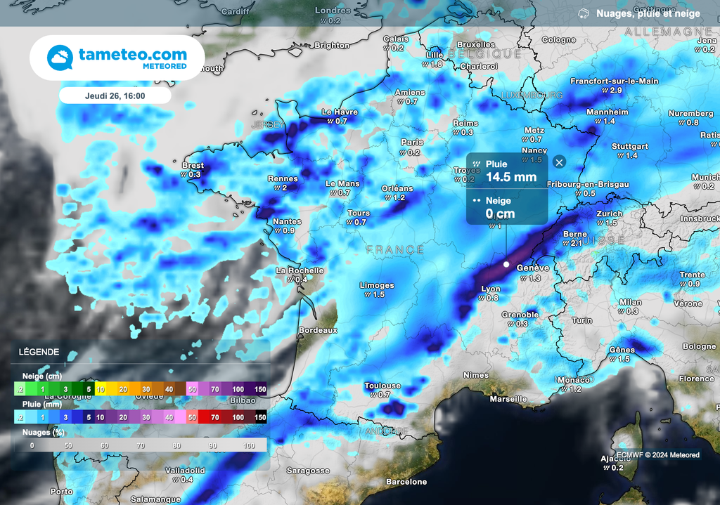 Les précipitations les plus fortes se décaleront vers le centre-est jeudi après-midi.