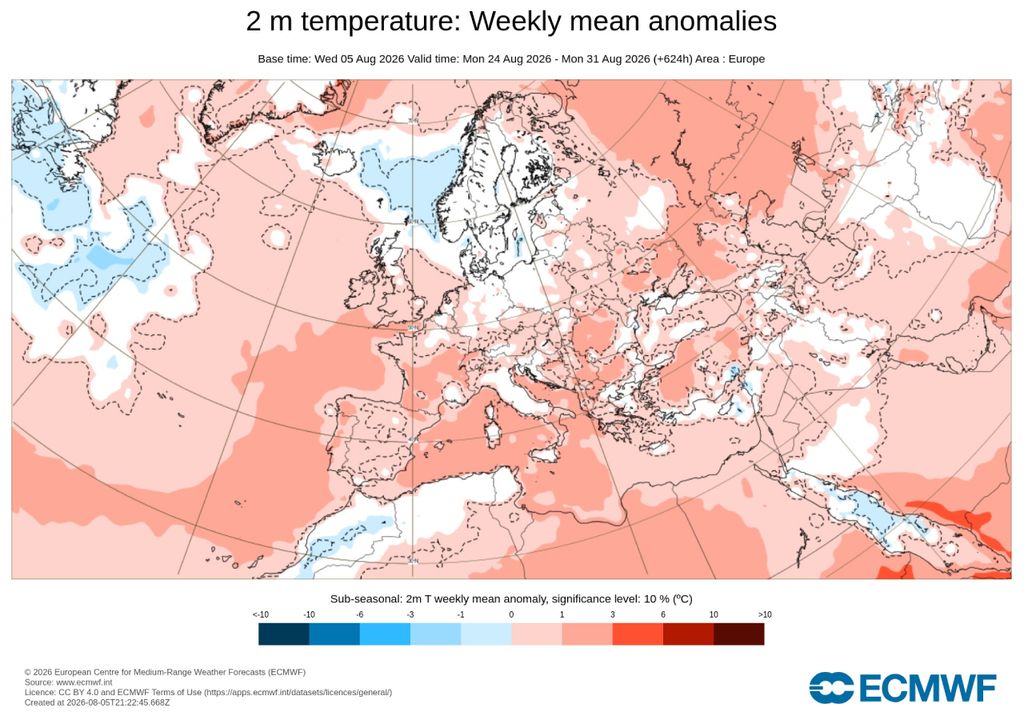 Anomalías de temperatura en Europa Predicción subestacional del modelo europeo para la semana del 24 al 31 de agosto. Las anomalías positivas de temperatura seguirían dominando en gran parte de Europa y también en España, aunque serían menos intensas que durante las semanas anteriores.