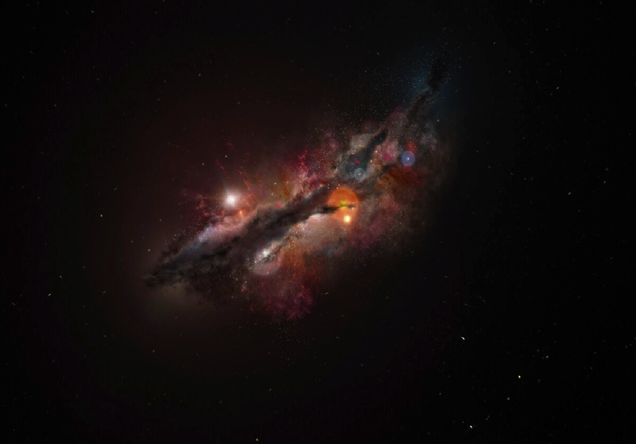 Rappresentazione artistica della galassia JADES-GS-z14-0, la più distante finora scoperta. A differenza delle successive generazioni di galassie, quelle primordiali tendono ad avere forme più irregolari. Credit: ESO/M. Kornmesser