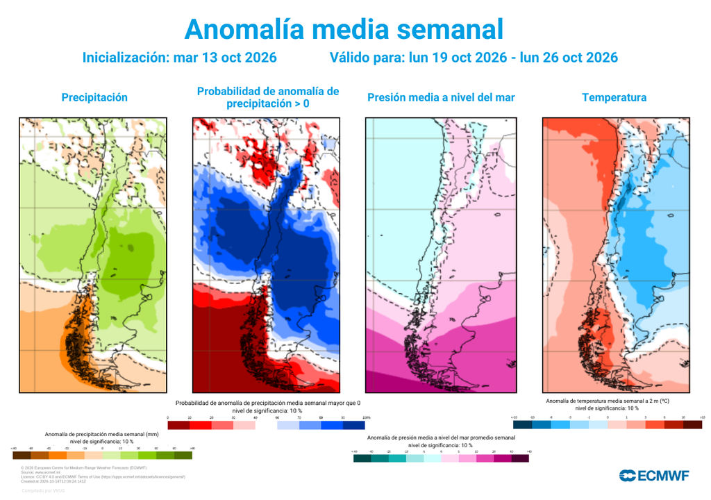 anomalías meteorológicas Las altas presiones en la zona austral seguirán dejando condiciones favorables para que 9 regiones de Chile reciban precipitaciones sobre el promedio en la segunda quincena de octubre.