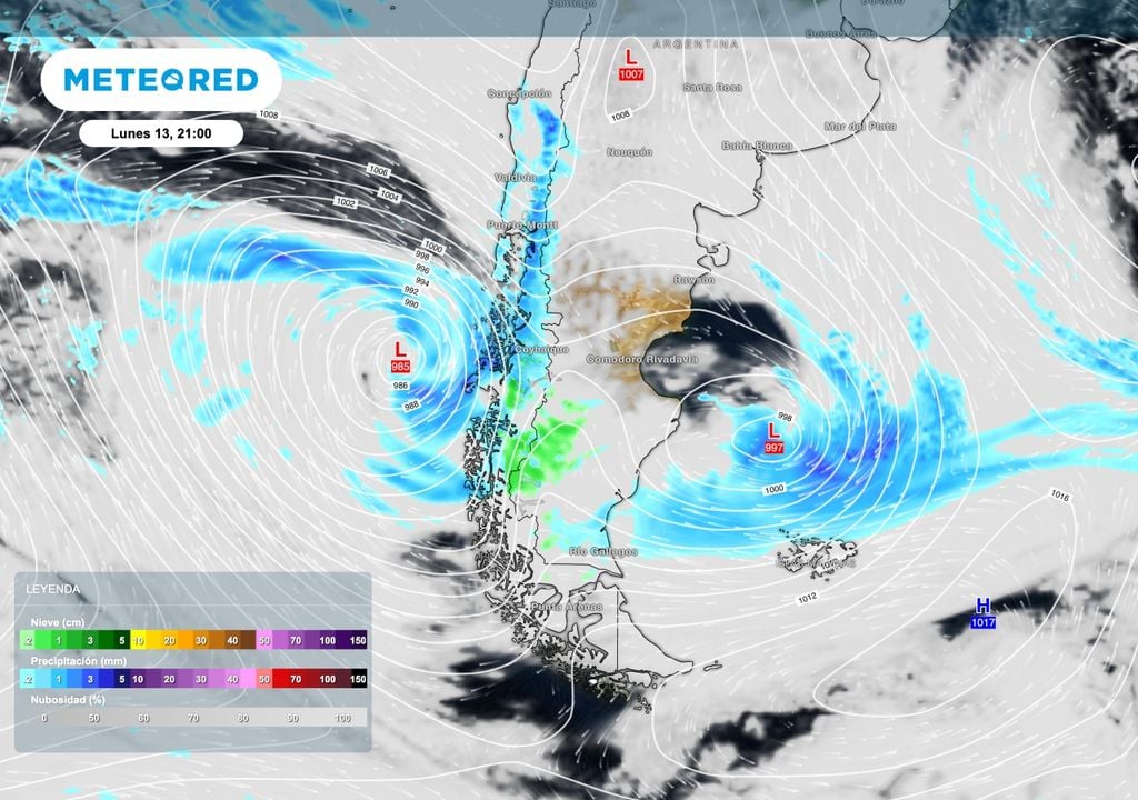 Sistemas de presión Dos sistemas de baja presión, uno sobre el océano Pacífico y otro en el Atlántico frente a la costa patagónica, van a definir la circulación en toda la región sobre esta primera parte de la semana.