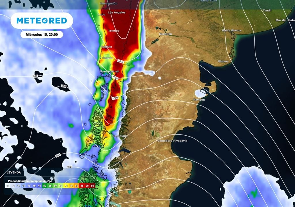 Probabilidad de lluvias La probabilidad de precipitaciones se mantendrá mayormente sobre la zona cordillerana, con los fenómenos más intensos del lado chileno.