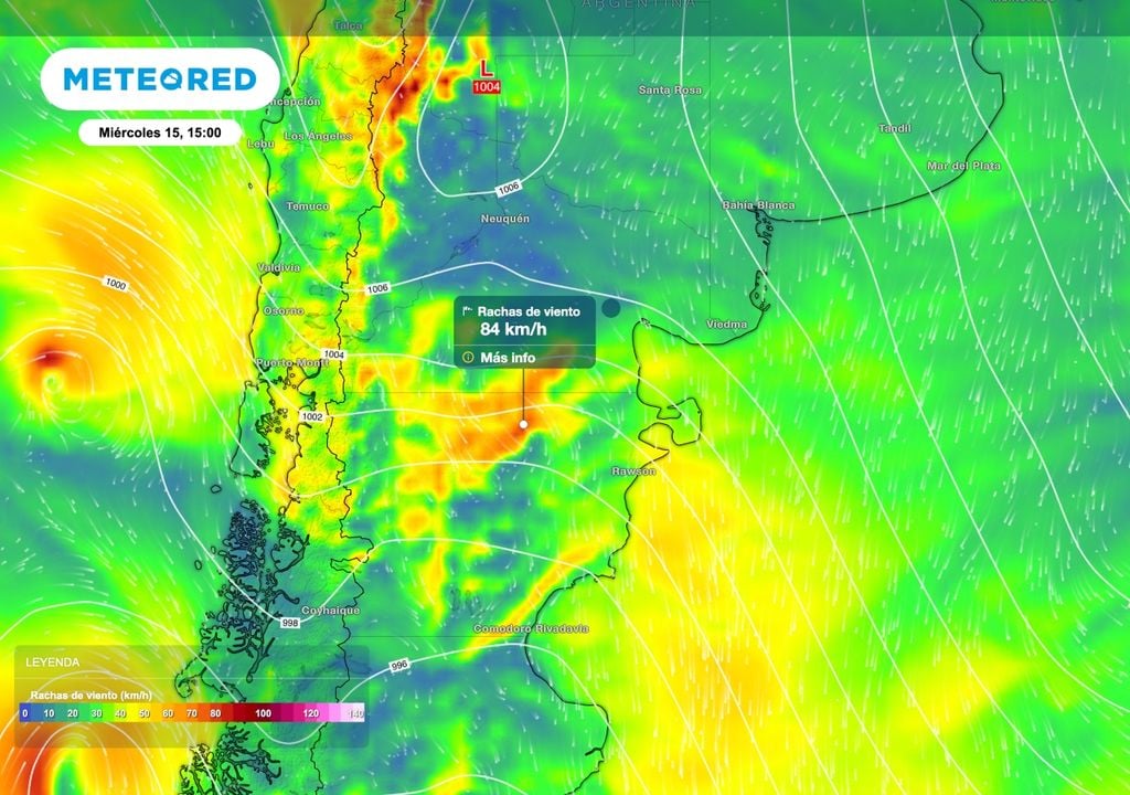 Viento Patagonia El apretamiento del gradiente de presión generará períodos ventosos especialmente sobre la estepa de Chubut. Durante el miércoles algunas ráfagas podrán superar los 80 km/h.