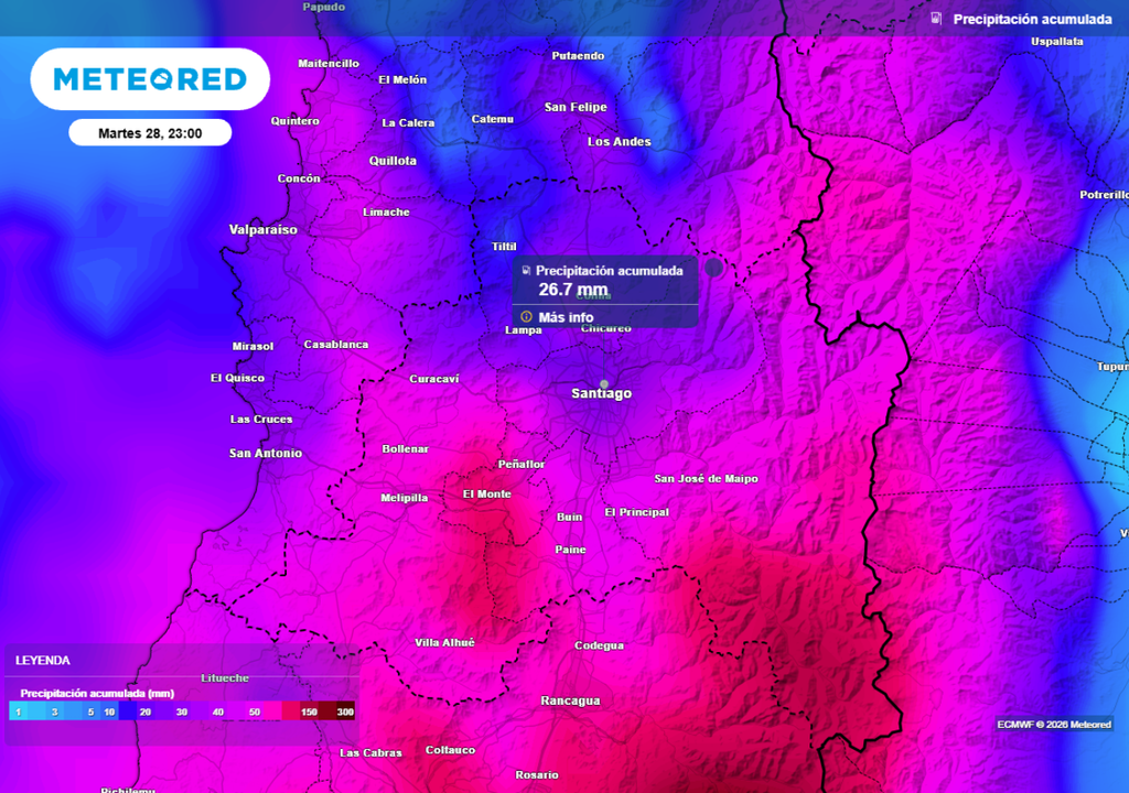 mapa de precipitación acumulada El modelo europeo prevé que el acumulado total esté del orden de los 30 mm en el centro de Santiago.