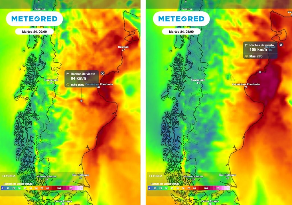 Ráfagas patagónicas La imagen muestra la evolución de la intensidad de las ráfagas entre esta noche y la madrugada del martes. Áreas bajo alerta AMARILLA del SMN.