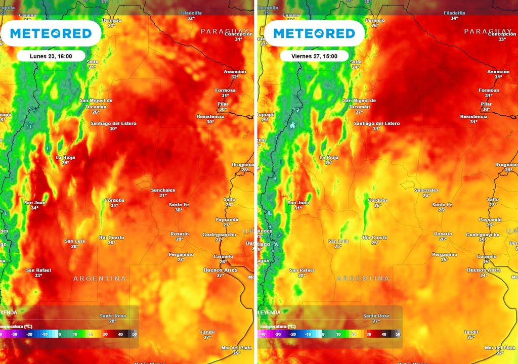 Comparación máximas La imagen de la izquierda representa las máximas de hoy lunes 23. La de la derecha, las máximas del viernes 27, marcando la diferencia de temperaturas vespertinas por la entrada de aire más fresco.