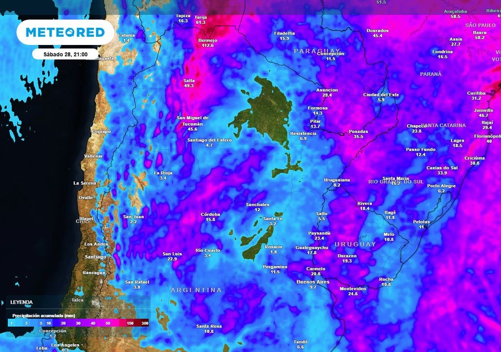Precipitación acumulada El mapa de precpitación acumulada prevista por Meteored hasta el último día de febrero, sigue destacando la mayor acumulación de lluvias en el noroeste argentino. ¡Atentos a las crecidas repentinas!