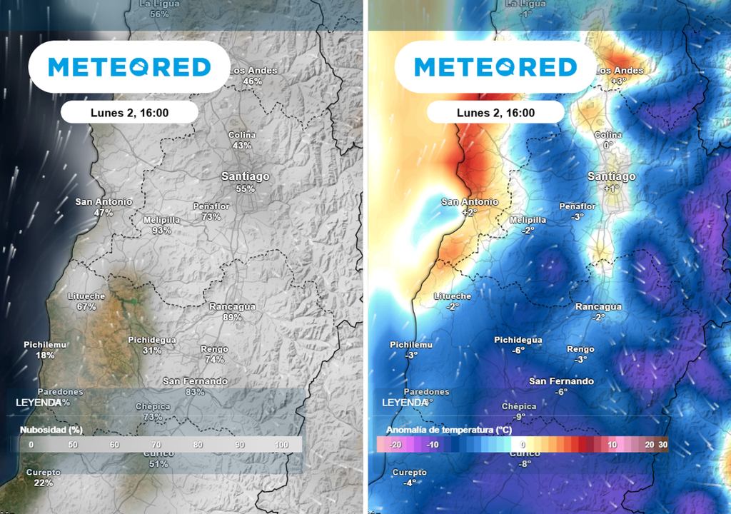 Mayor cobertura nubosa y el avance de un sistema frontal traerán temperaturas máximas más bajas en Santiago este lunes.