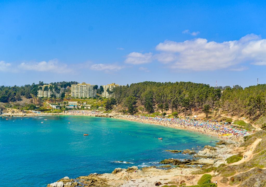 Playas de Algarrobo, litoral central de Chile. Algunas playas de Algarrobo tienen paisajes que combinan bosque y mar.