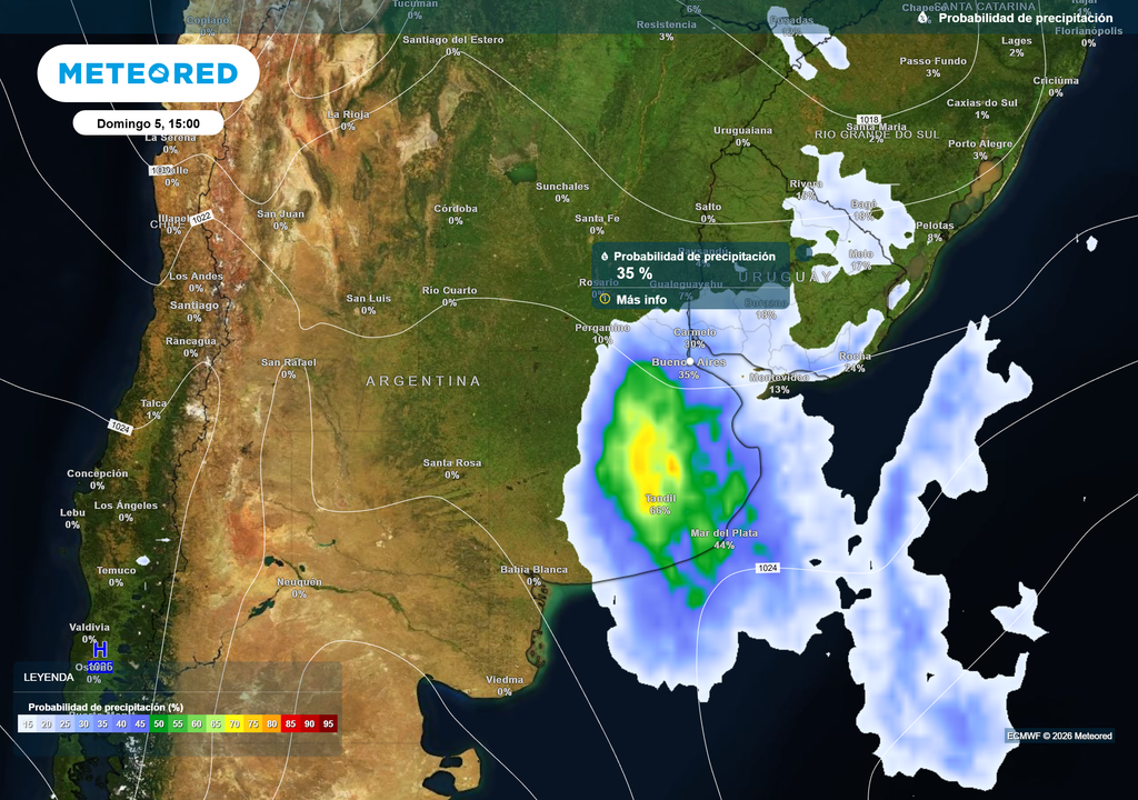 Probabilidad de precipitación Domingo 5 de Julio a las 15 h. Probabilidad de precipitación en AMBA domingo 5 de Julio a la tarde según el modelo ECMWF.