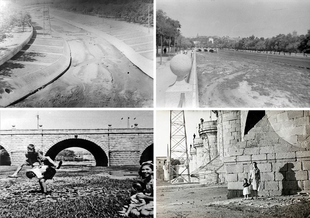Composición de imágenes del río Manzanares a su paso por Madrid en los años del período seco.