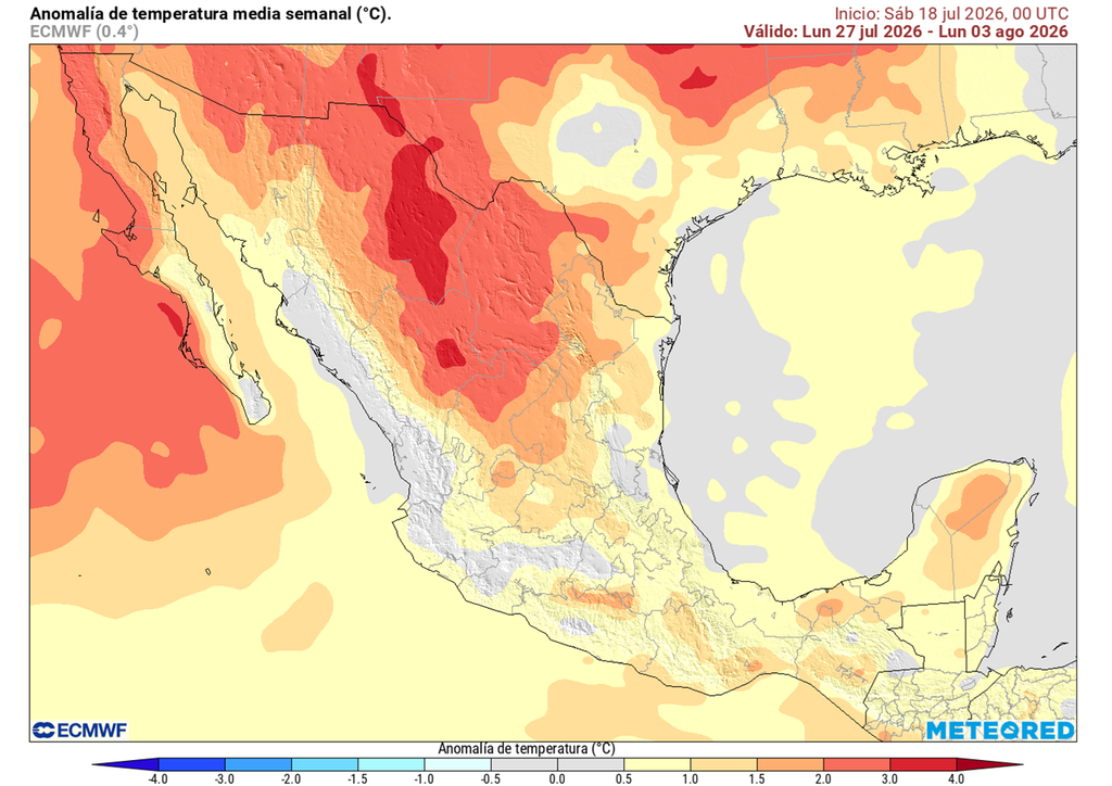 Anomalía de temperaturas en grados Celsius El calor aumentará en próximos días/semanas, especialmente en todo el norte Mexicano, mientras la mitad sur serían menos intenso por efecto de lluvias ocasionales.
