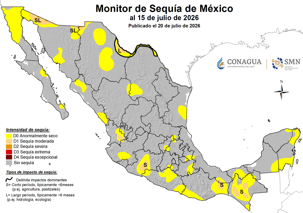 Monitor de Sequía hasta el 15 de julio. SMN-CONAGUA Siguen buenas noticias con una mínima sequía en México, teniendo apenas extensión del 2.1% hasta el 15 de julio, aunque la Canícula ya se percibe con menos lluvias.