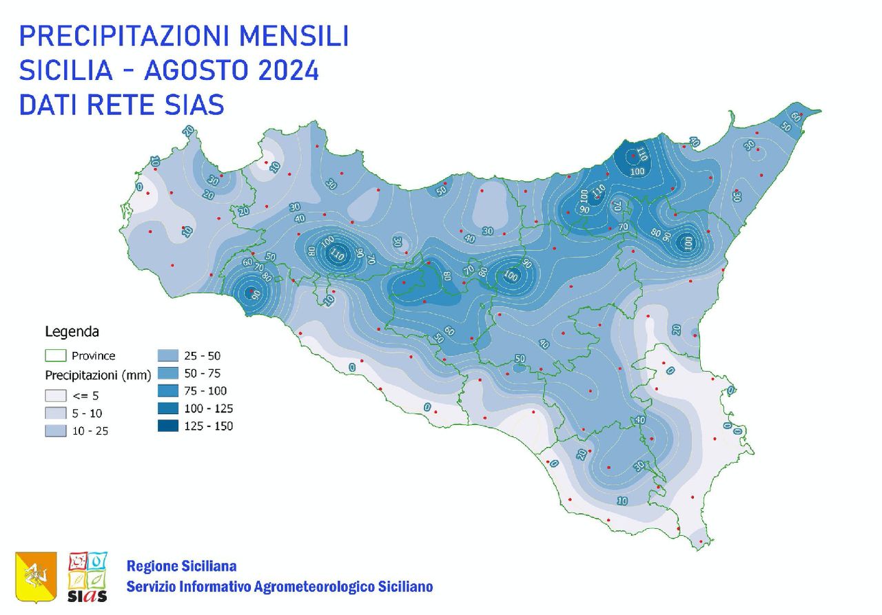Mappa delle precipitazioni in Sicilia nel mese di Agosto. Credit: SIAS