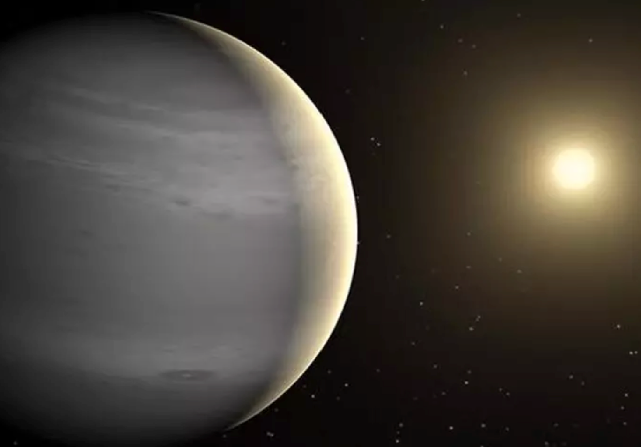 Rappresentazione artistica del gigante gassoso TOI 4566 b con la sua stella di sfondo. Credit: NASA Exoplanet Catalog