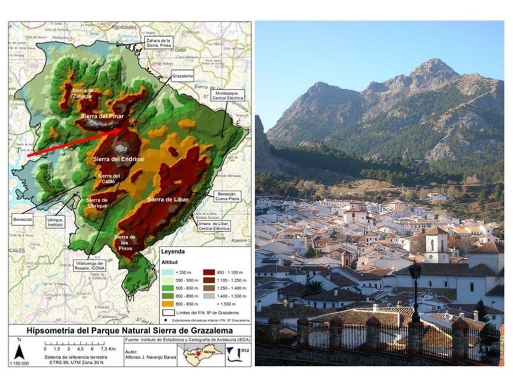 Izquierda: Mapa topográfico del Parque Natural Sierra de Grazalema, con el corredor del Boyar indicado con la flecha roja. Fuente: IGN (adaptado por AEMET). Derecha: El pueblo de Grazalema con la sierra del Pinar al fondo. Fuente: Wikipedia.