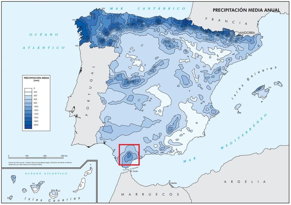 Mapa con la precipitación media anual en España. En el cuadro rojo se localiza el máximo pluviométrico de la sierra de Grazalema. Fuente: IGN (Instituto Geográfico Nacional).