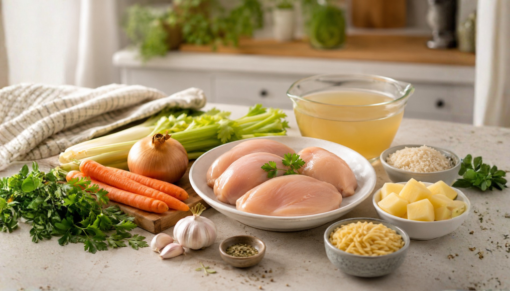 Ingredientes recomendados para una sopa de pollo casera: pollo sin piel, caldo, verduras y carbohidratos opcionales como arroz, papa o fideos.