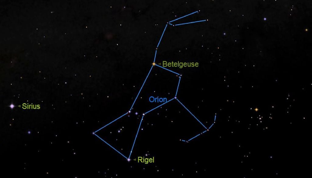 Posizione della stella Betelgeuse all'interno della costellazione di Orione.