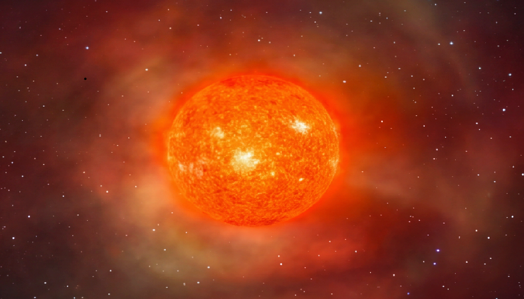 Rappresentazione artistica di Betelgeuse, la supergigante rossa che espelle grandi quantità di polveri con i suoi venti e che si approssima all'esplosione come supernova.