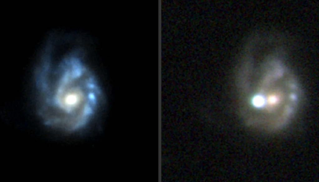 NGC3191 Due immagini della galassia NGC3191 prima (a sinistra) e dopo (a destra) l'esplosione della supernova SN2017sge, come osservata dal telescopio Gaia. Credits: Left, SDSS and PS1; right, NOT+ALFSOC/Bose et al. 2020