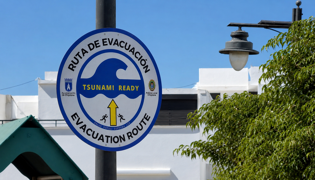La localidad gaditana de Chipiona tiene distribuidos carteles informativos sobre las rutas de evacuación en caso de tsunami.