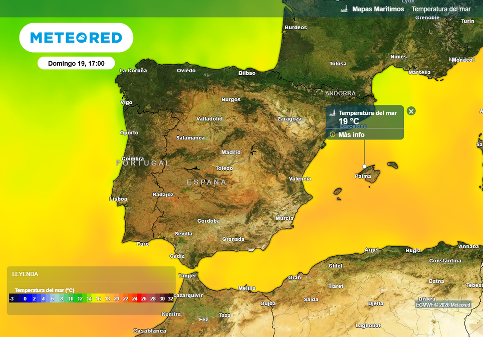 La température de la Méditerranée pourrait avoisiner les 19 ºC ce dimanche autour de la mer des Baléares et sur certains secteurs d’Alicante.